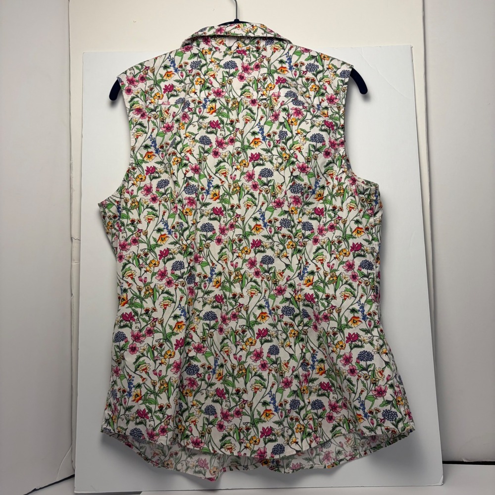 Charter Club Women Floral Sleeveless Button Down Shirt White Pink Cotton Sz 16 - Picture 2 of 6